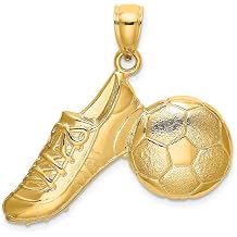 14K Yellow Gold 2-D Polished Soccer Ball & Shoe Charm Necklace Pendant with 18" Length Chain