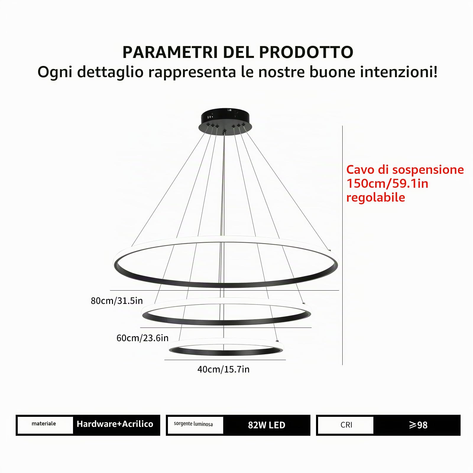 Lampadario a sospensione a LED, dimmerabile a 3 anelli, in acrilico, nero, regolabile, per cucina, isola, sala da pranzo, soggiorno, camera da letto, atrio, 40 + 60 + 80 cm