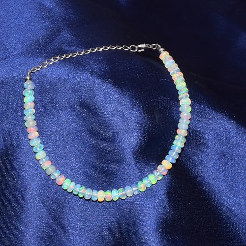 4MM AAA Natural Opal Bracelet - Faceted Fire Opal Beaded Bracelet, October Birthstone Jewelry, 925 Sterling Silver Clasp & 5CM Chain, 22CM4