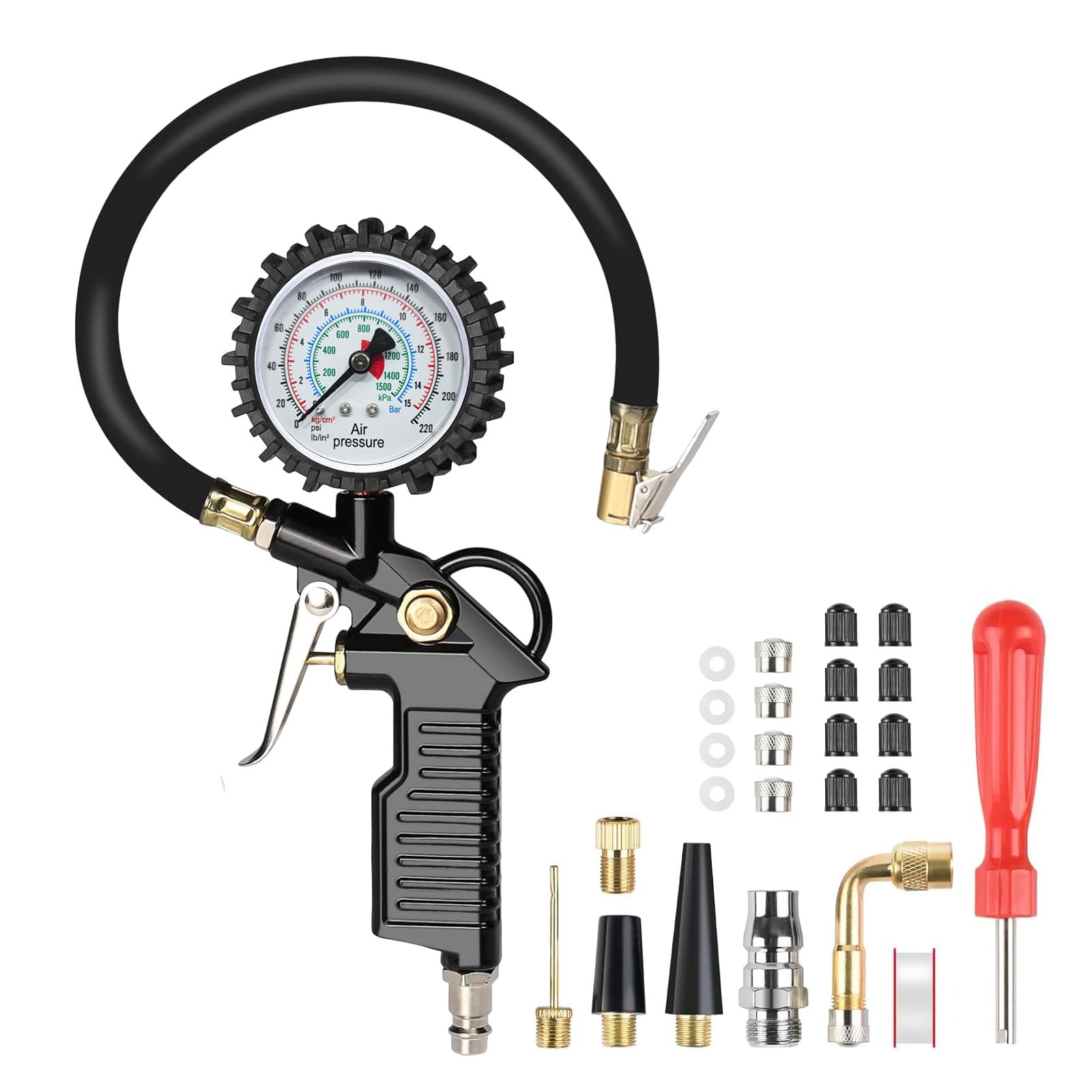 Manómetro Presión Neumáticos 220PSI Pistola de Inflado Compresor Digital Manómetro de Alta Precisión con 25 pcs de Accesorios para Bicicleta Moto Coche Camión y Motocicleta