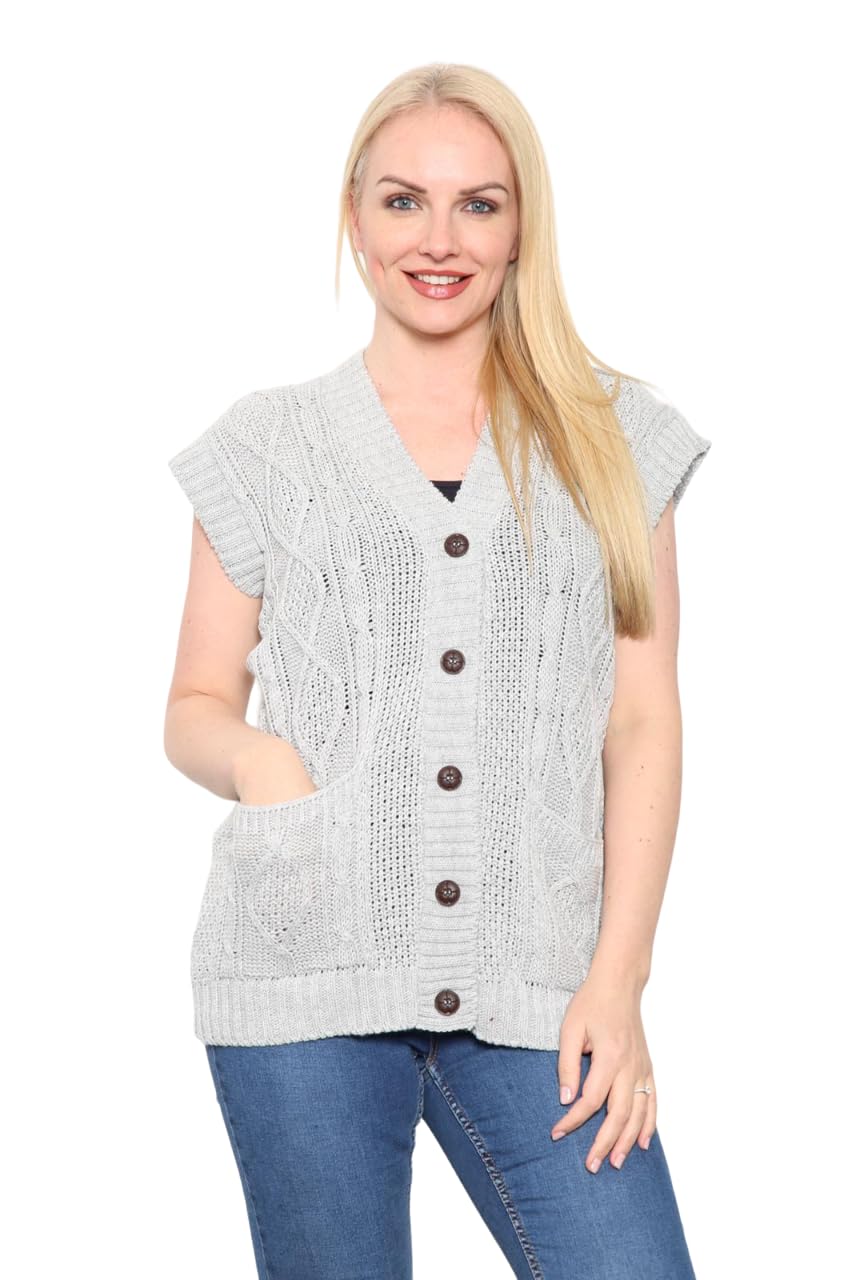WearAll Womens Sleeveless Cable Knitted Grandad Cardigan Ladies 5 Button Casual Winter Sweater Waistcoat Top Plus Silver 8-10