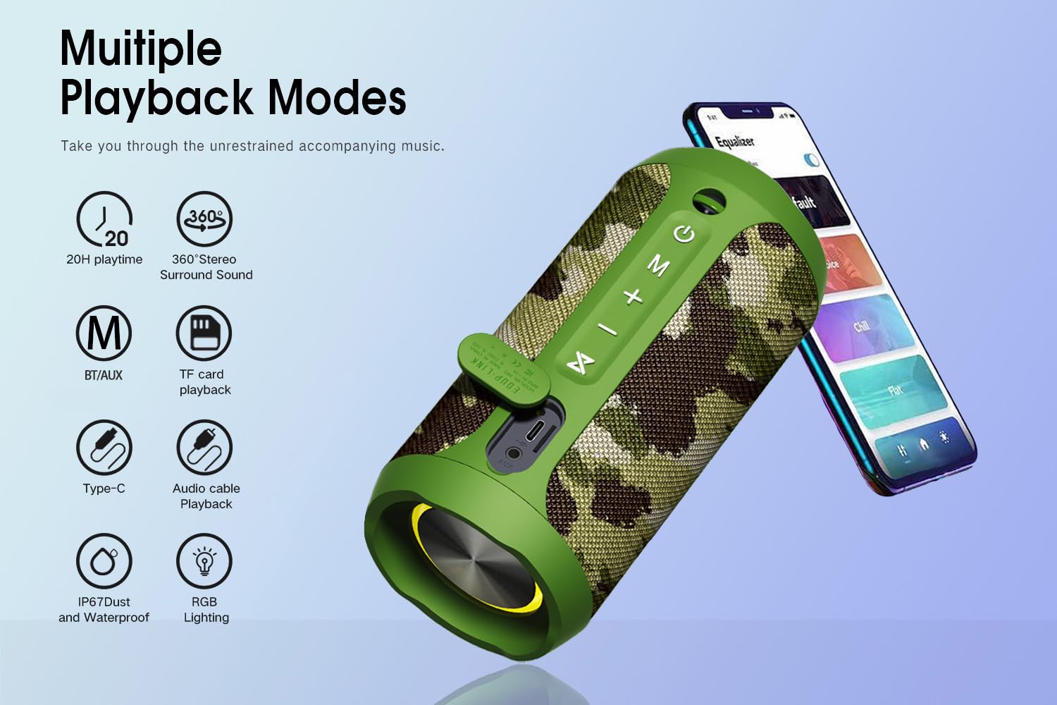 EDUPLINK bluetooth speaker, draadloze draagbare speaker, IPX7 waterdichte speaker, TWS gekoppeld stereo, lange tijd thuis lezen, reizen | Bas, czas odtwarzania 20 godzin, parowanie stereo TWS, przenośne na zewnątrz, plaża kemping podróż
