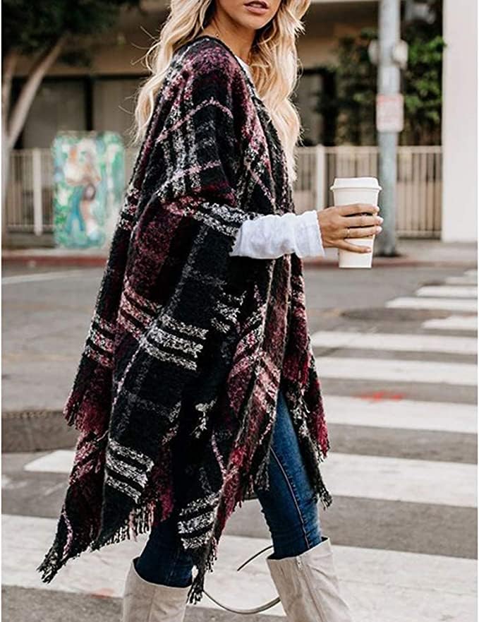 Image of Plaid Shawl Wrap for Women Boho Open Front Poncho Wrap Fall Winter