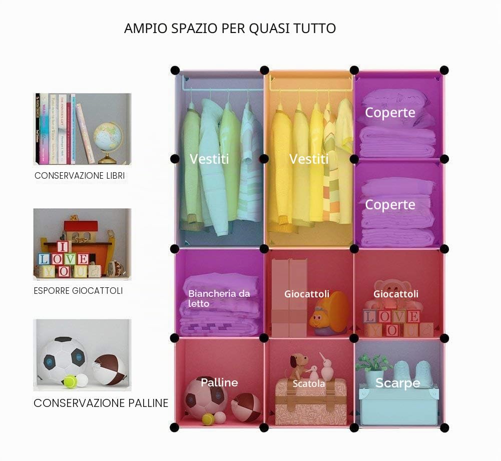 BRIAN & DANY Armadio Modulare Bambini, Portatile Guardaroba, Armadietto in Moduli Plastici, 8 Cubo e 2 Aree di Sospensione, Rosa, 110 x 47 x 147 cm