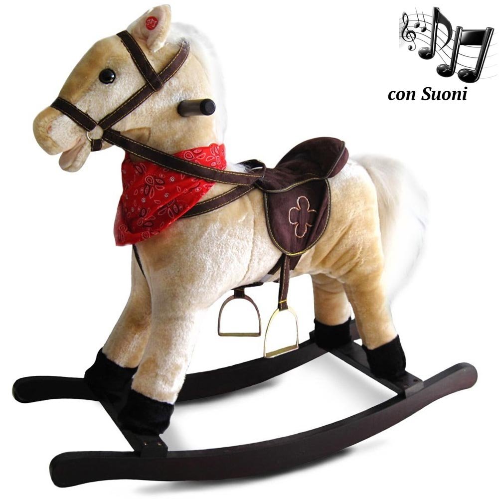 BAKAJI Cavallo a Dondolo per Bambini con Suoni Realistici, Animale che Nitrisce e Muover la Bocca, Pony Beige con Struttura in Legno e Rivestimento in Morbido Tessuto, Gioco Idea Regalo