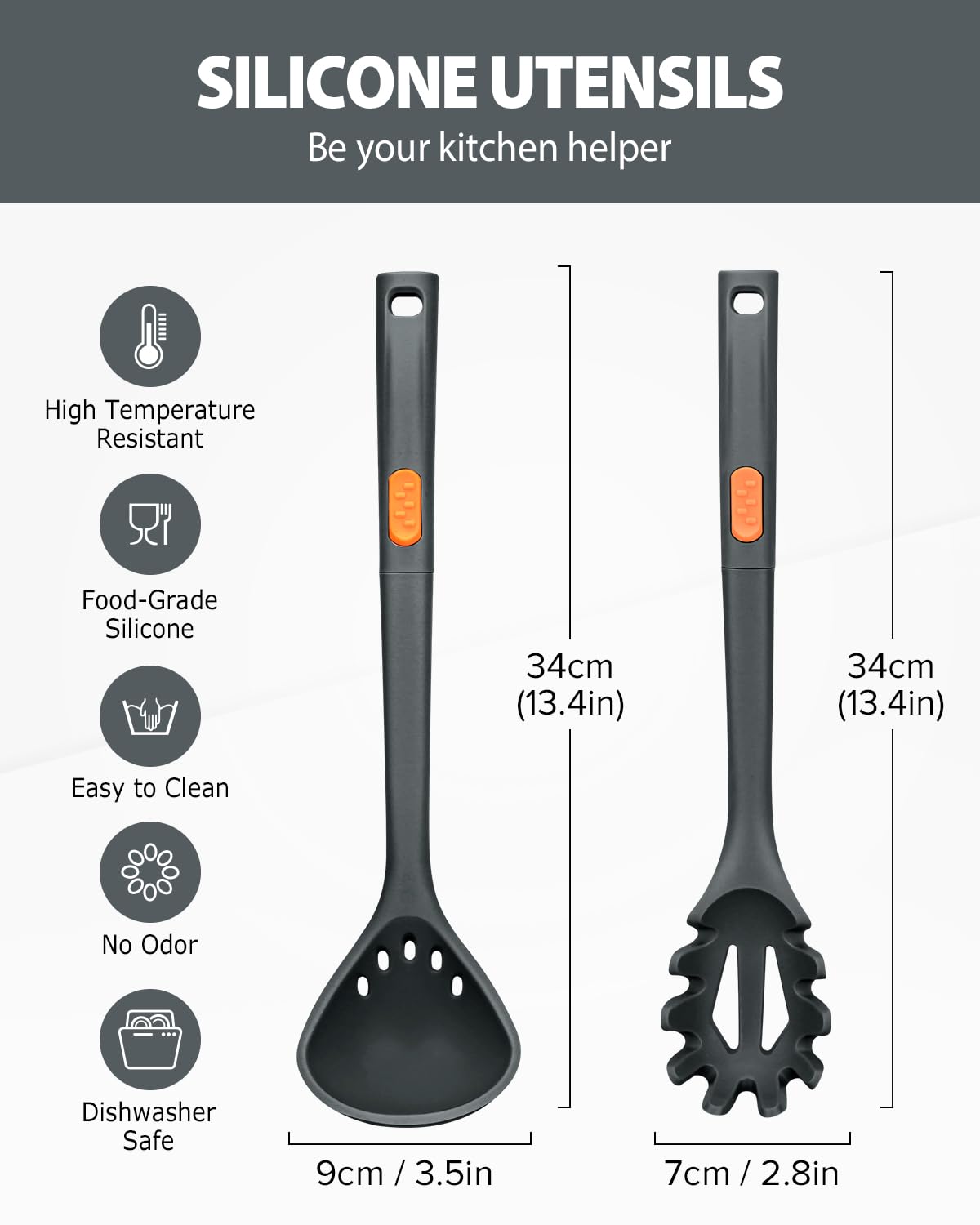 Set di forchetta e mestolo in silicone, grandi utensili da cucina antiaderenti per cucinare, mescolare, servire spaghetti, zuppe, salse (KHAKI