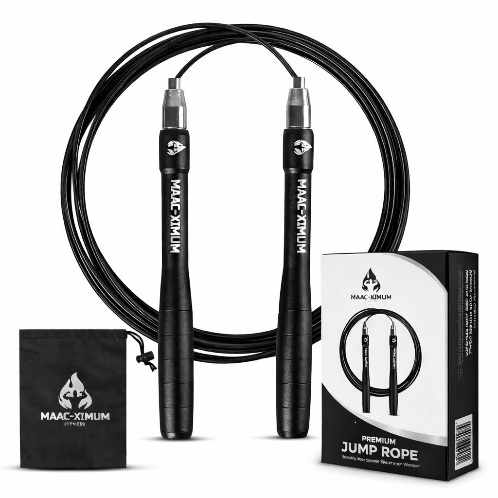 MAAC-XIMUM PREMIUM JUMP ROPE, Lightweight, Self-Locking, Adjustable for Adults, Speed Skipping Rope, Fitness, Crossfit, Boxing, MMA (Black)