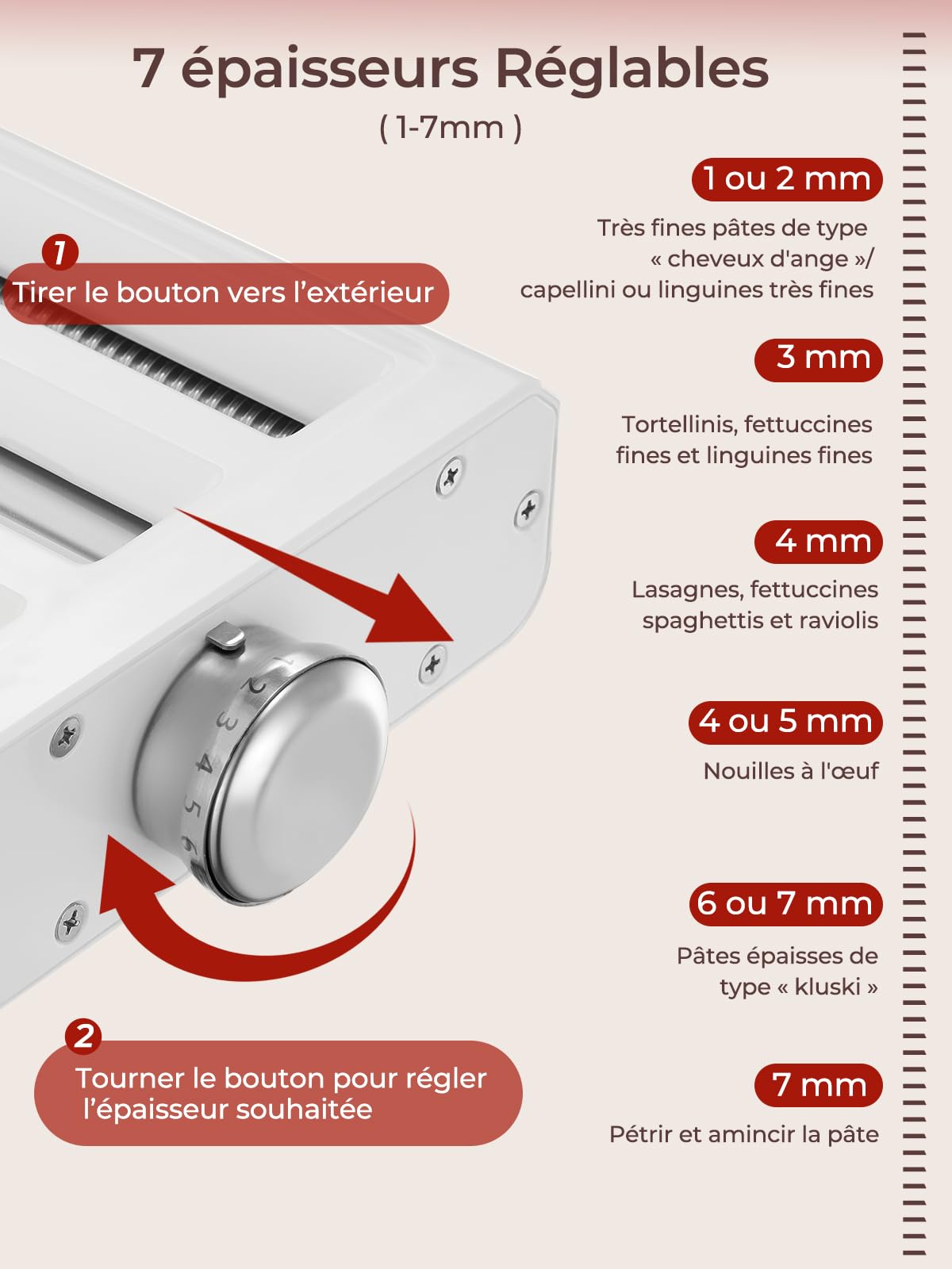 FOHERE 3-en-1 Accessoires pour Machine à Pâtes pour KitchenAid Robot Pâtissier, Comprend Rouleau à Pâtes, Coupe-Fettuccines, Coupe-Spaghettis et Brosse à Nettoyage (7 épaisseurs Réglables)