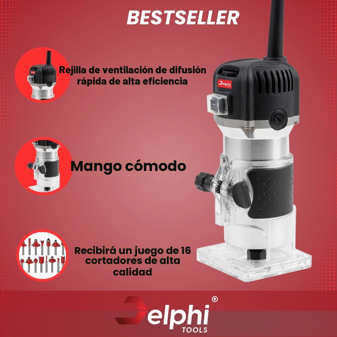 DELPHI Fresadora eléctrica de madera con maletín – 12 juegos de accesorios 800 W 330000 R/min 6,35 mm – Wood Router – Fresadora de bordes de madera para carpintería