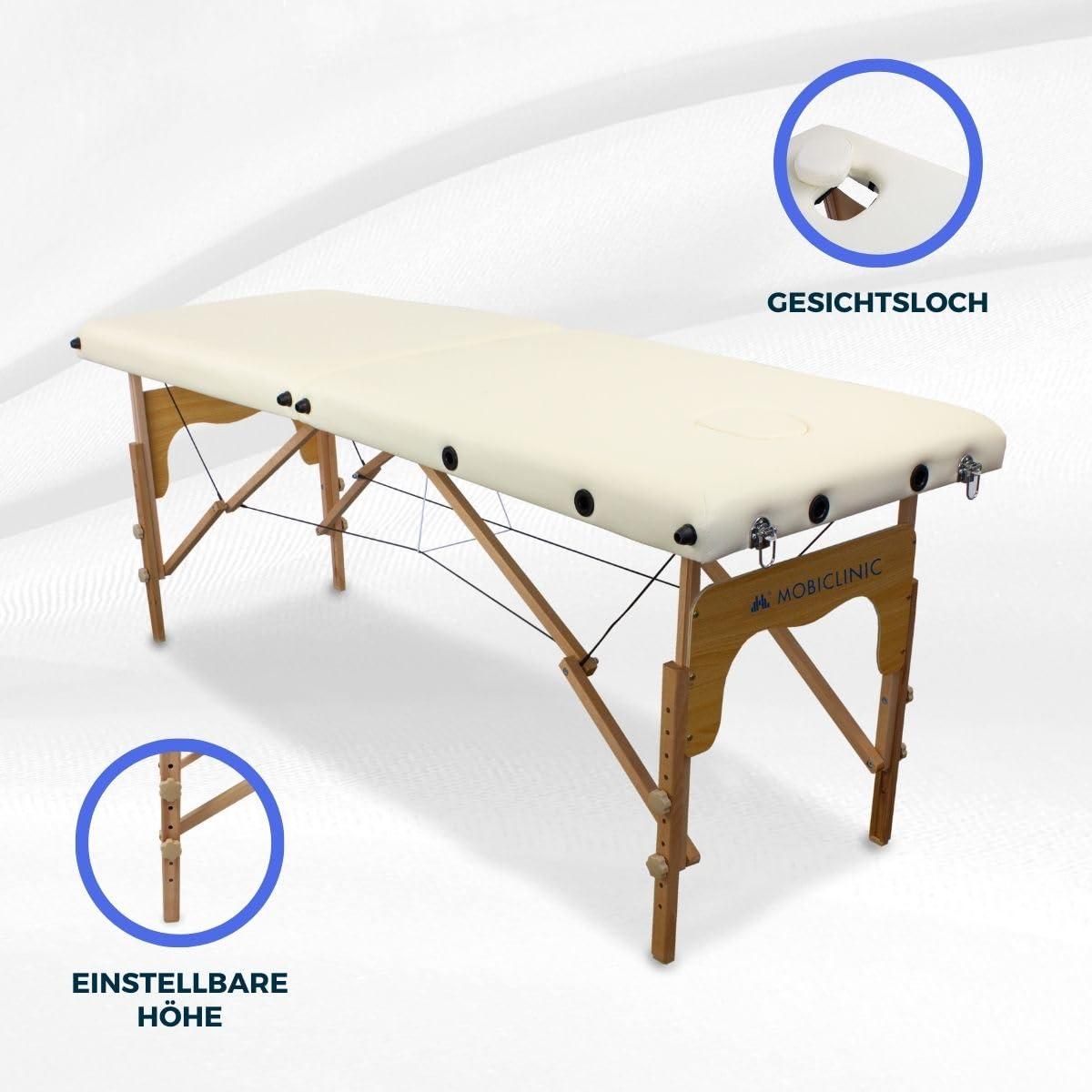 Mobiclinic®, Massageliege, Klappbar, CM-01 Basic, 180x60 cm, Holz und Kunstleder, 2 Teile, Europäische Marke, Mobile, Höhenverstellbar, Verschlusssystem, Trägt 150 kg, Farbe Creme