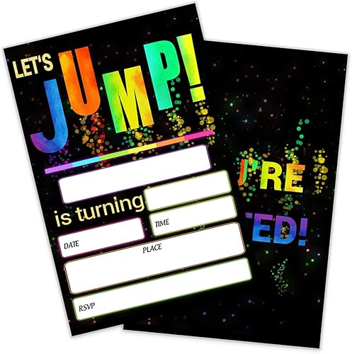 Let's Jump Invitaciones para fiesta de cumpleaños, tarjetas de invitación de fiesta de trampolín brillante de 4 x 6 pulgadas (20 tarjetas + sobres)