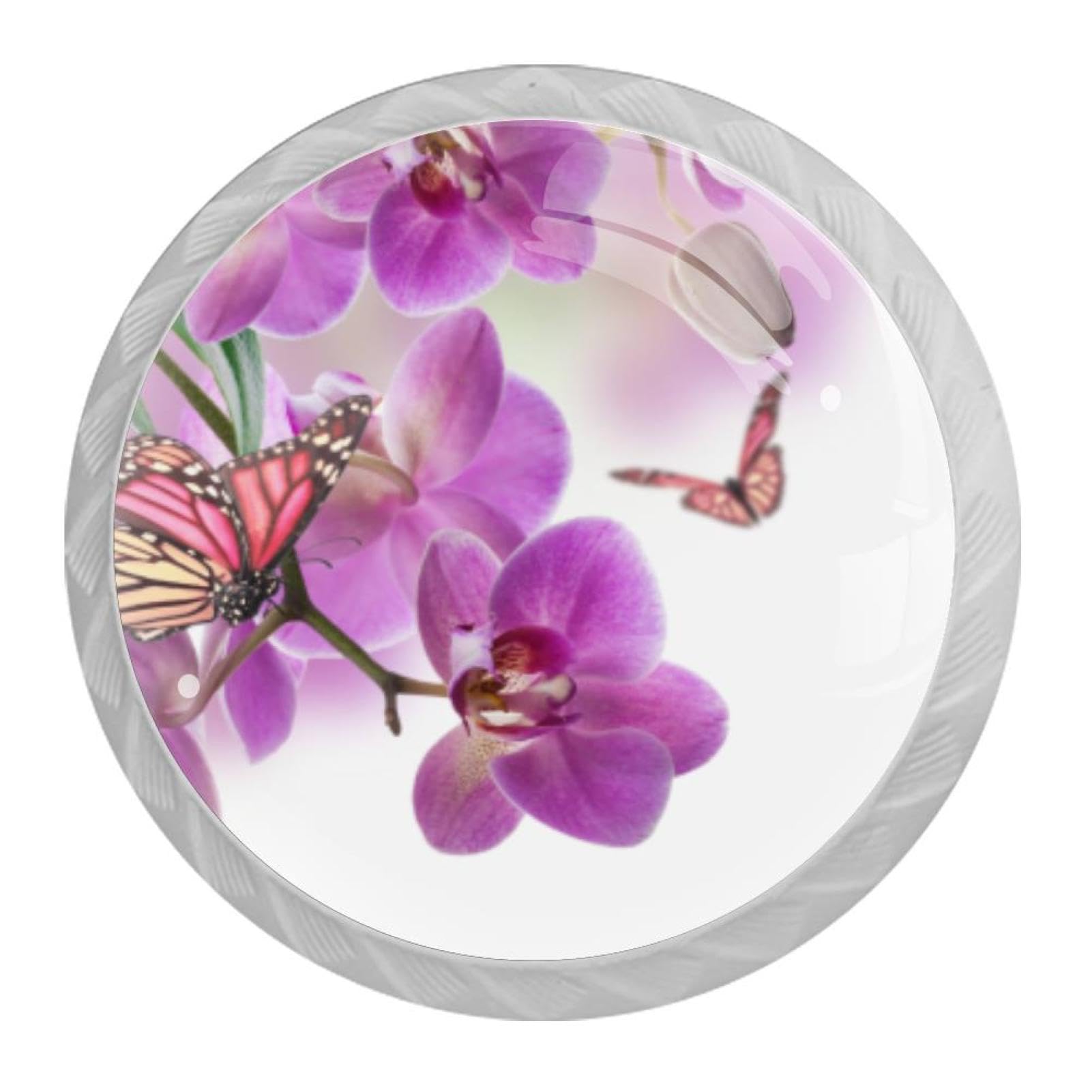 Tqmspg 4 Pieces Drawer Pulls Purple Orchid Butterfly Door Knobs Dresser Handles for Kitchen Wardrobe Cupboard Hardware Furniture