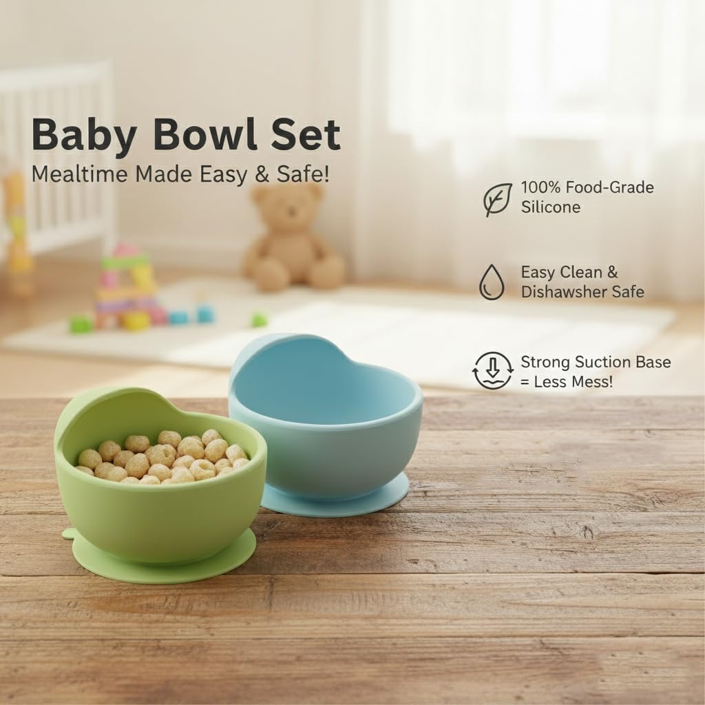 Silicone Baby Suction Bowls (3 Pack) – Non-Slip Stay Put, High Edge for Self Feeding, BPA Free Toddler Feeding Bowl, (Pink/Green/Beige)