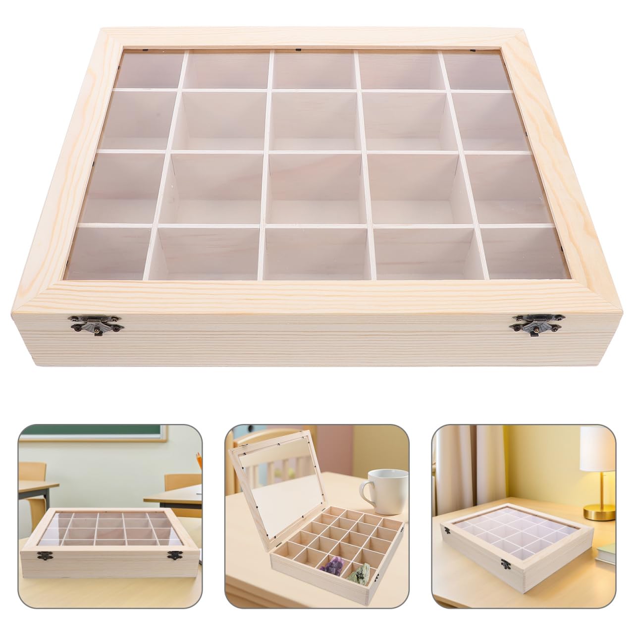 Toddmomy Scatola per Esposizione Minerali in Legno con Coperchio Trasparente Organizer Scomparti per Collezione di Cristalli Pietre Preziose e Campioni Roccia Custodia Portatile per Studio