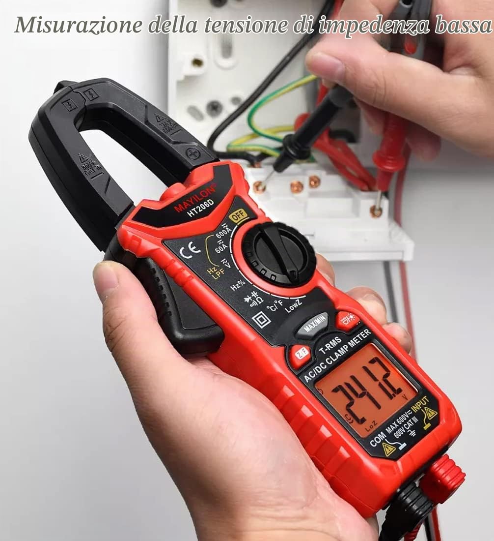 HT206D Multimetro Digitale, Pinza Amperometrica True RMS con Misura Temperatura e LowZ, NCV, LPF, AC/DC Tensione e Corrente, Frequenza, Resistenza, Capacità, Diodi, Continuità