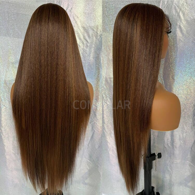 Miniatura 8 de Pelucas de encaje frontal sintético lacio marrón, sin pegamento, línea de cabello natural, con reflejos marrones, pelucas de encaje sintético marrón