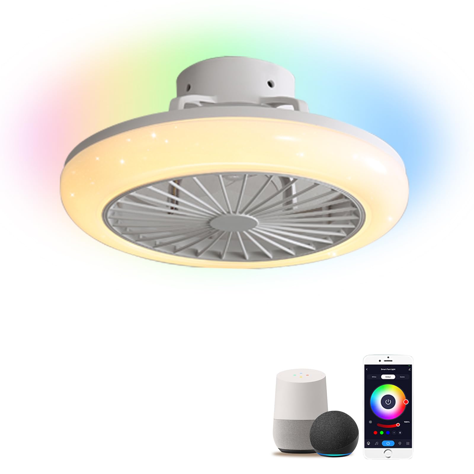 WDENI Low Profile Ceiling Fan with Lights- 18.8 in Smart Bladeless Ceiling Fans with Alexa/Google Assistant/App Control Color Changing LED-RGB Back Ambient Light for Bedroom.