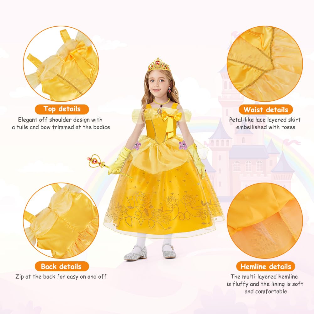 Déguisement de Princesse Belle, Fille Robe de Princesse Belle avec Accessoires, Robe de La Belle et La Bête Enfant, Princesse Costume Enfant pour Anniversaire Fête Partie Carnaval Cosplay