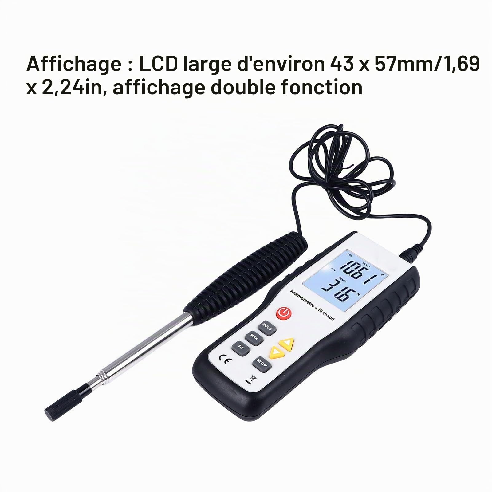 Anémomètre Thermique, Affichage LCD Portable, Compteur Numérique de Vitesse du Flux D'air, Haute sensibilité, Compteur de Vitesse du Vent, Compteur de Température pour la