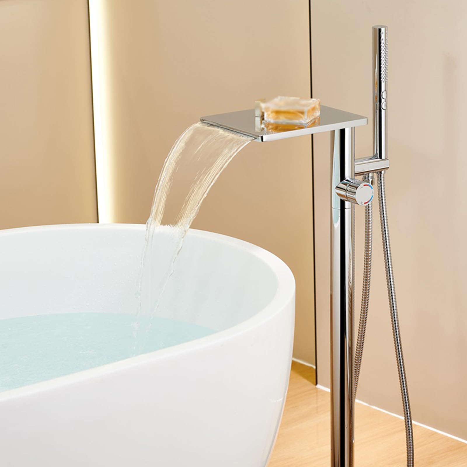 HADECOLL Freestanding Bath Taps Floor Mounted Waterfall Hot And Cold Brass Floorstanding Bath Tap With Shower, Chrome,Chrome