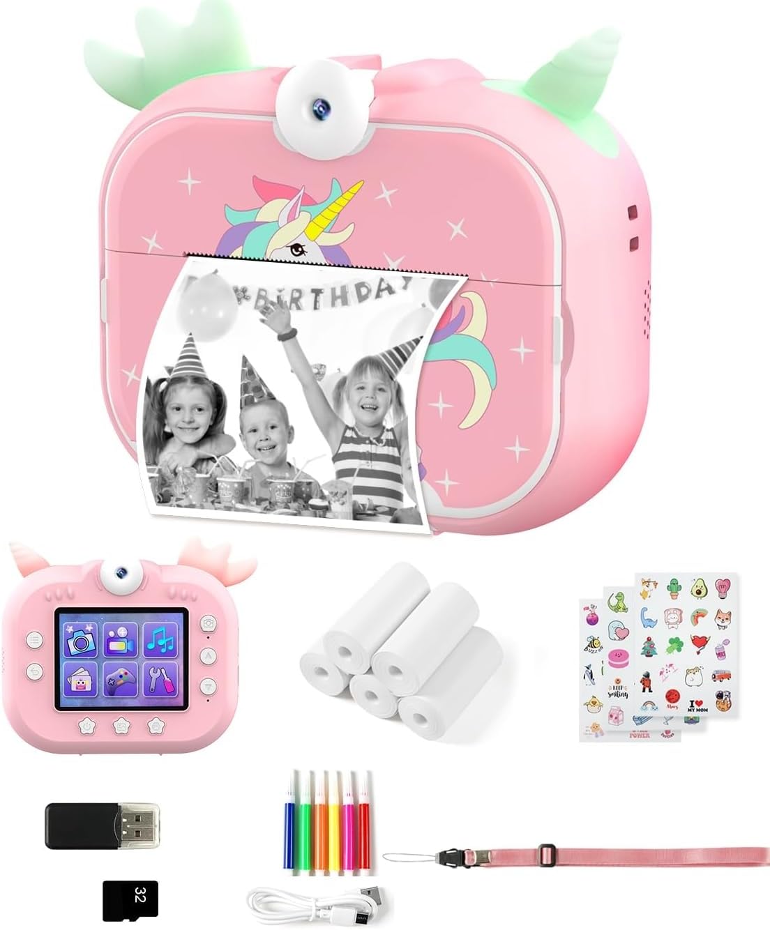 Robofun Camara Fotos Infantil, 48MP 1080P Cámara Instantánea para Niños con 5 Rollos de Papel para Impresión, 32 GB Tarjeta SD y Bolígrafos de Colores, Regalos para Niños de 3 a 14 Años (Rosa)
