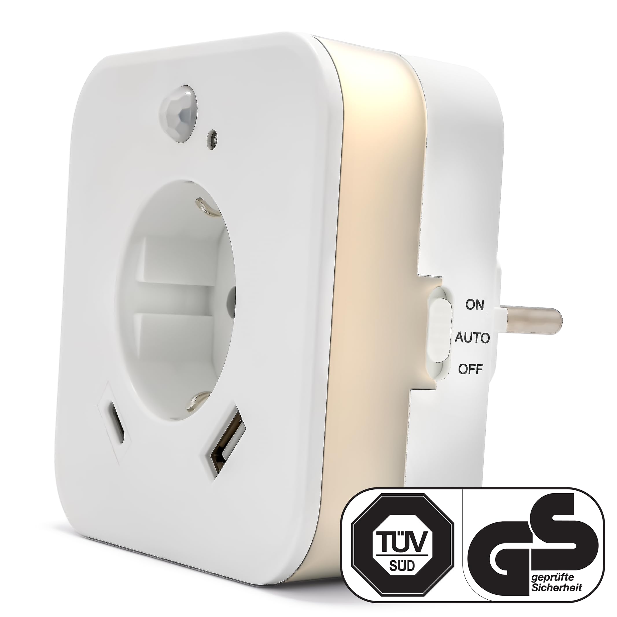 Luce notturna a LED con sensore di movimento e presa, 2 x USB (1 x USB C + 1 x USB A) 2.4A, bianco, interruttore di modalità on/off/auto, sensore di luce automatico, GS (sicurezza testata) (2