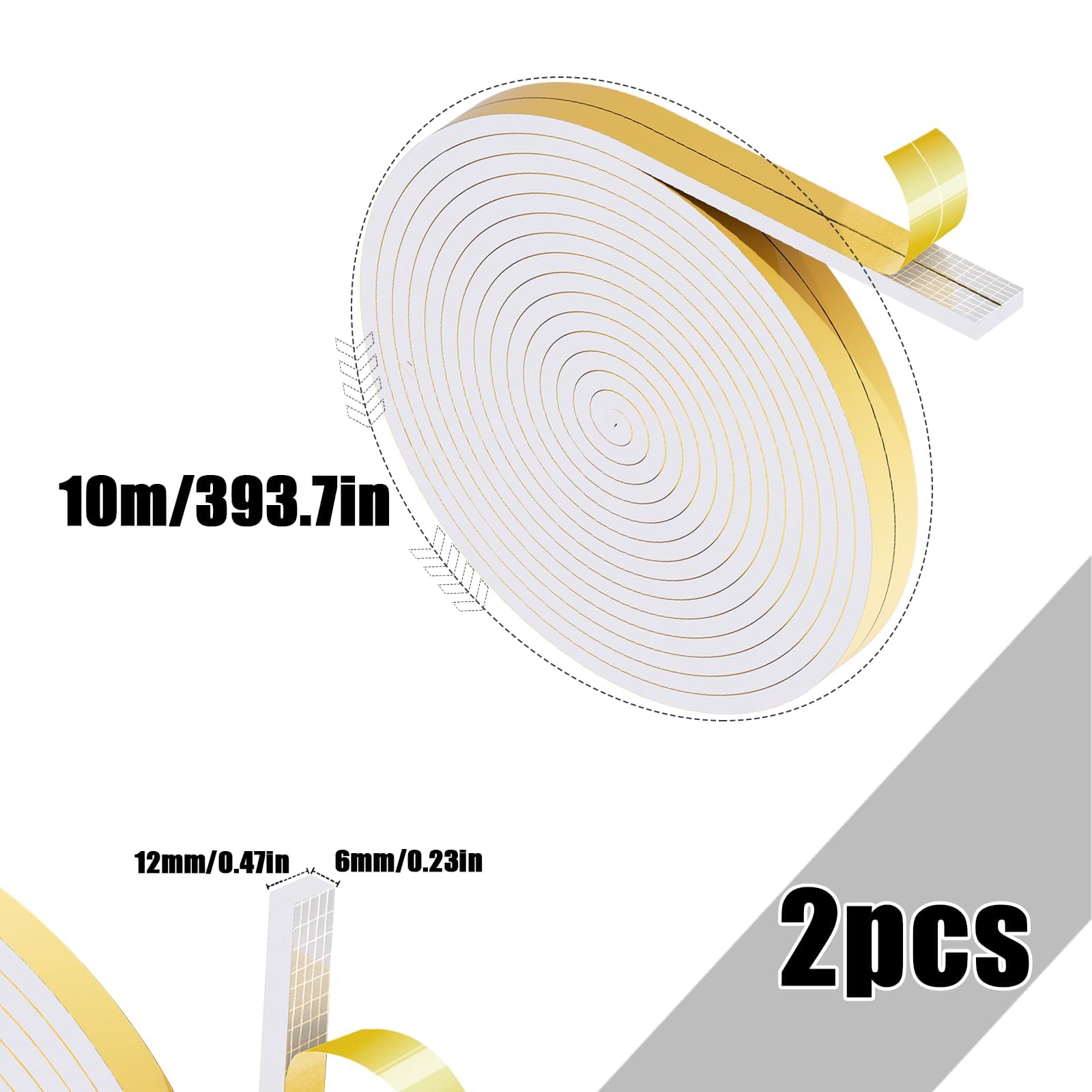 SWTYExt Samoprzylepna guma piankowa, 12 mm (szer.) x 6 mm (śr.), taśma uszczelniająca, samoprzylepna, biała, taśma piankowa, uszczelka drzwi, taśma uszczelniająca do fug okiennych, drzwi szafy, drzwi