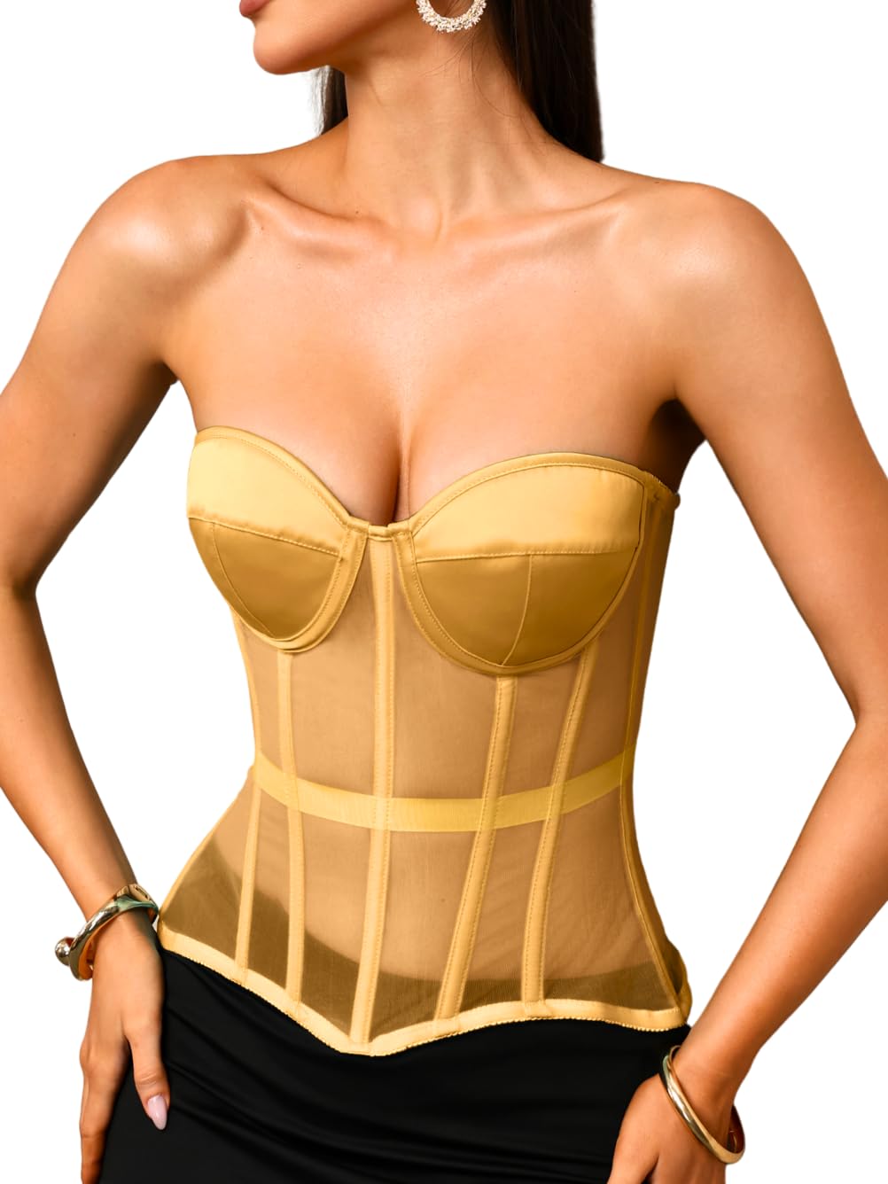 Kaei&amp;Shi Women's Strapless Mesh Corset Top, Padded Lace-Up Bustier