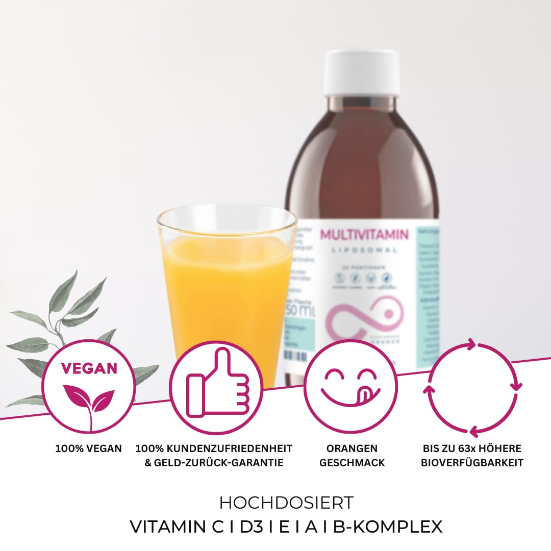 Mighty Elements Liposomales Multivitamin 250ml Vitamin C 200mg Vegan | 16 Vitamine & Mineralstoffe, B-Komplex, D3, K2 (MK-7), Folat, Biotin, 25 Portionen, Blutorange, Made in Germany