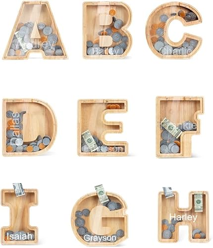 Lovejewelry Alcancía de madera personalizada para niños y niñas, alfabeto