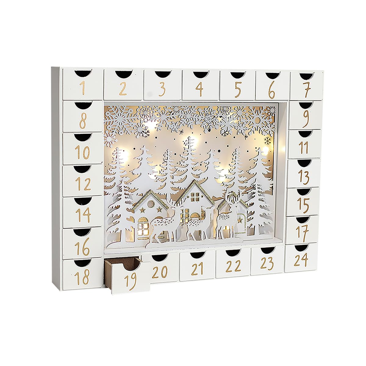 PIONEER-EFFORT Christmas Wooden Advent Calendar with 24 Drawers to Fill Small Gifts Christmas Scene with LED Lights Countdown to Xmas Tabletop Decoration