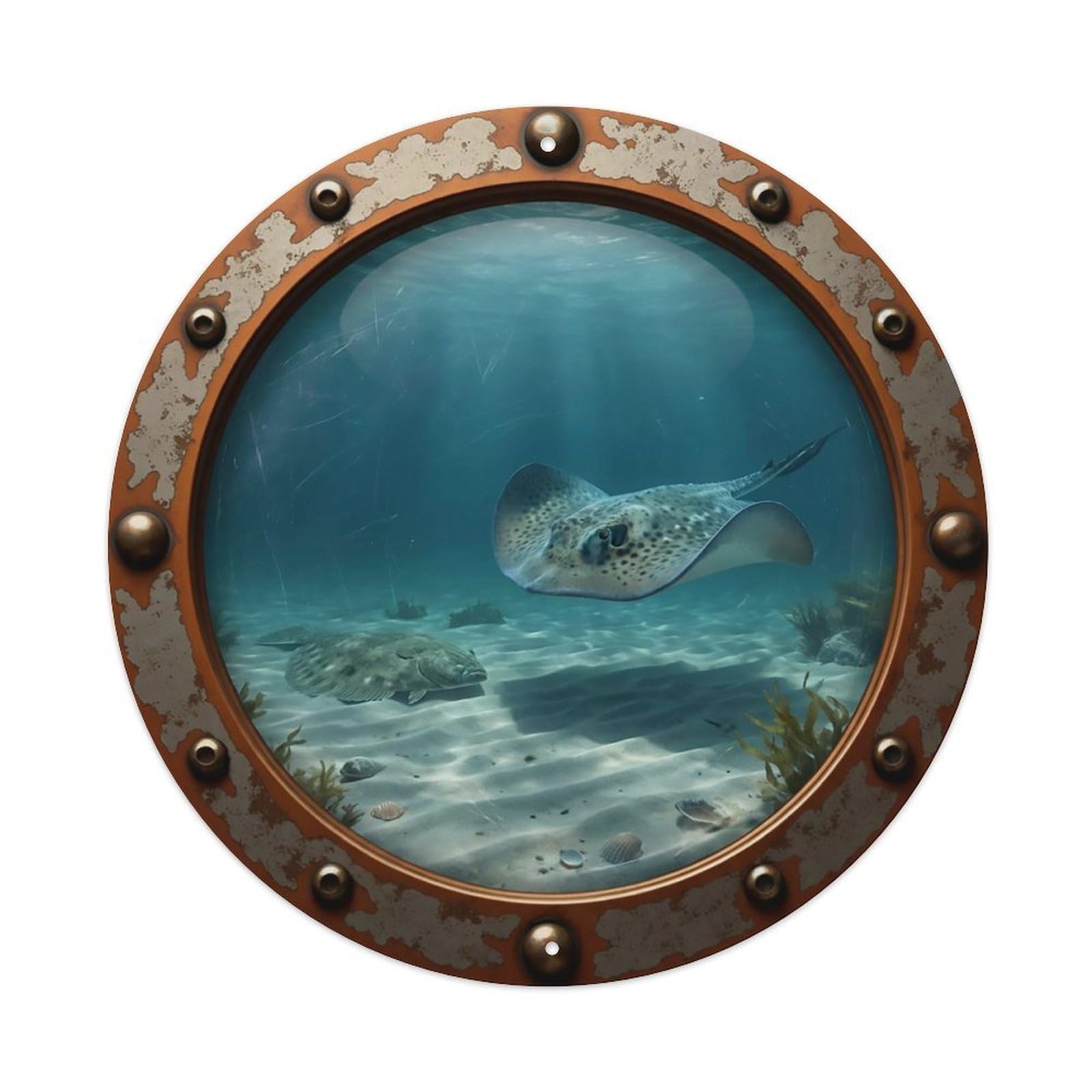 Odgynaw 8X8inch(20X20cm) Vintage Porthole Stingray Nautical Window View Metal Tin Sign