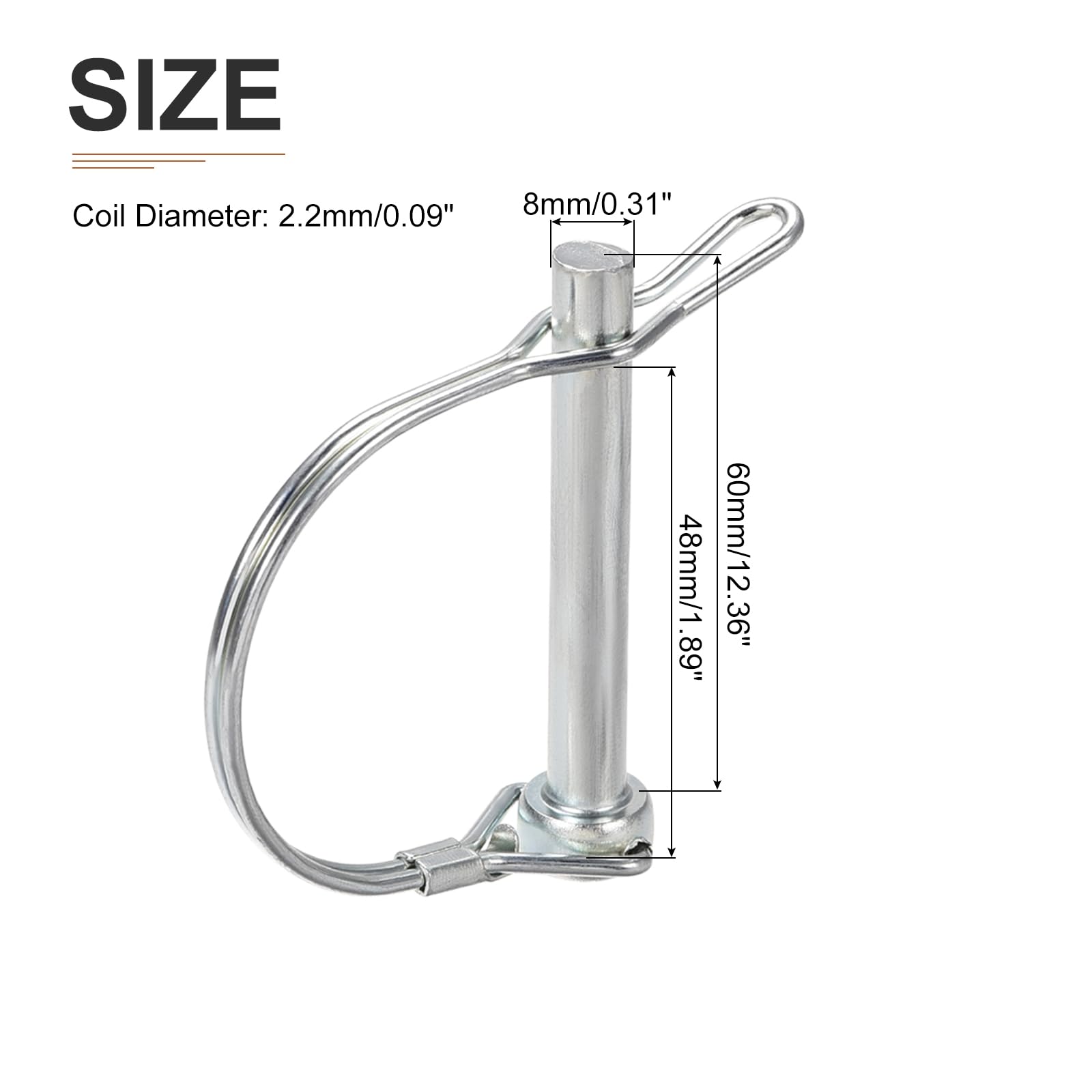 DTGN 8mm x 60mm (Dxl) Spina Bloccaggio Albero - 1 Pezzo - Ideale per Rimorchi Agricoli Prati - Perno Accoppiamento Rotondo Acciaio Al Carbonio Orecchio - Tonalità Argento