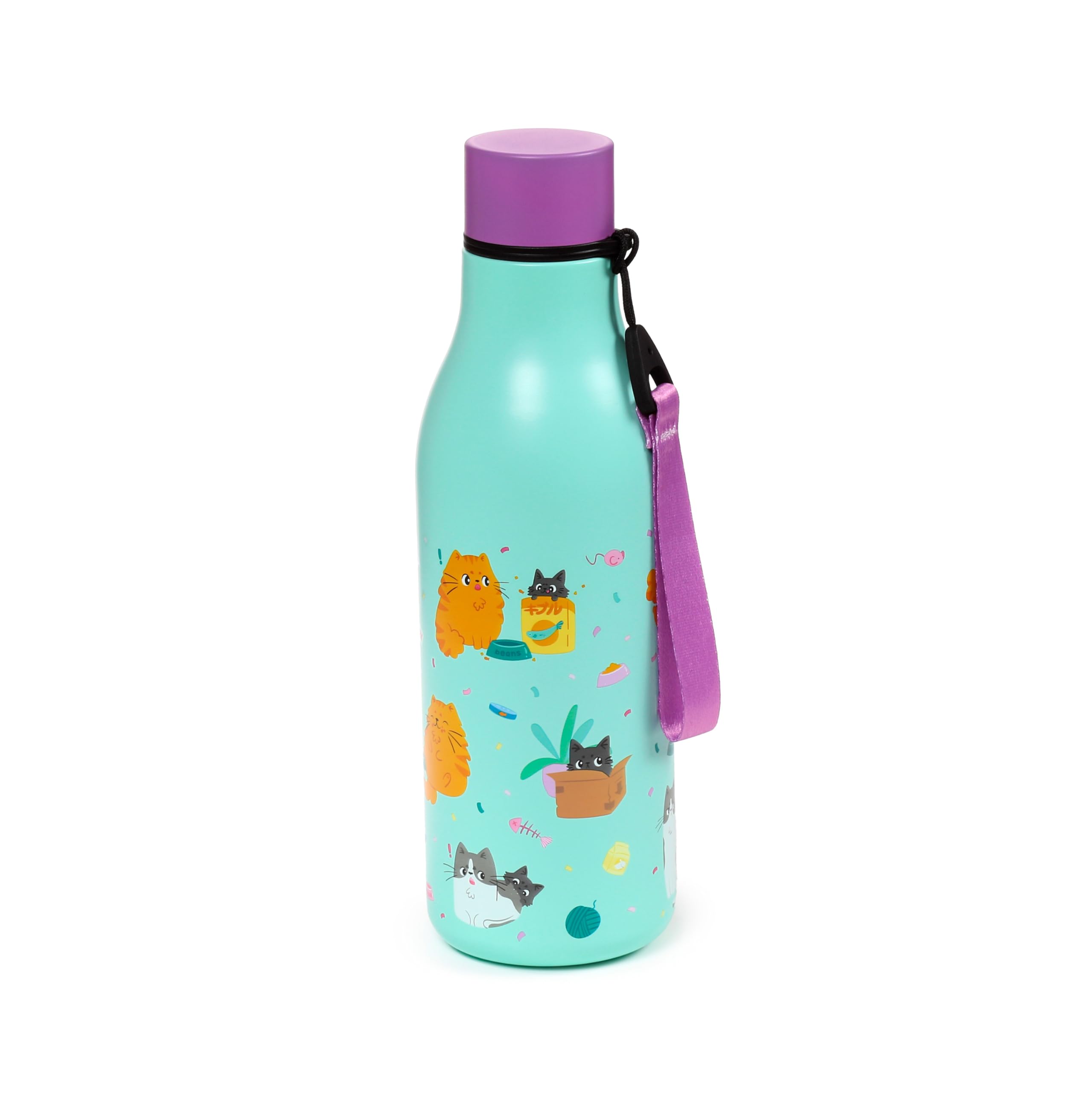 Puckator Bean & Co Cats Hot & Cold Drinks Bottle 500ml - Reusable Insulated Active Water Bottle Flask For Girls And Boys With A Carry Handle & Straw - Bpa Free - For School Nursery
