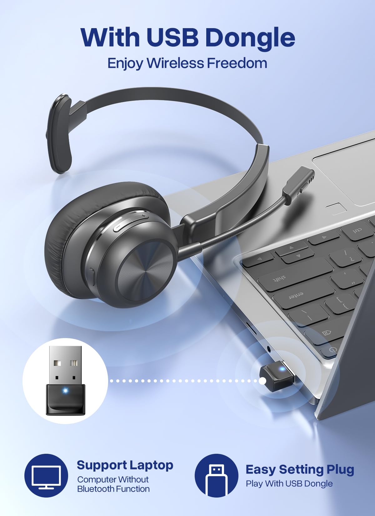 Bluetooth Headset with USB Dongle, Trucker Bluetooth Headset with AI Noise Cancelling Microphone & Mute Button, 50Hrs Single Ear Wireless Headphones for Truck Driver Phone Computer PC Office Work — view 3