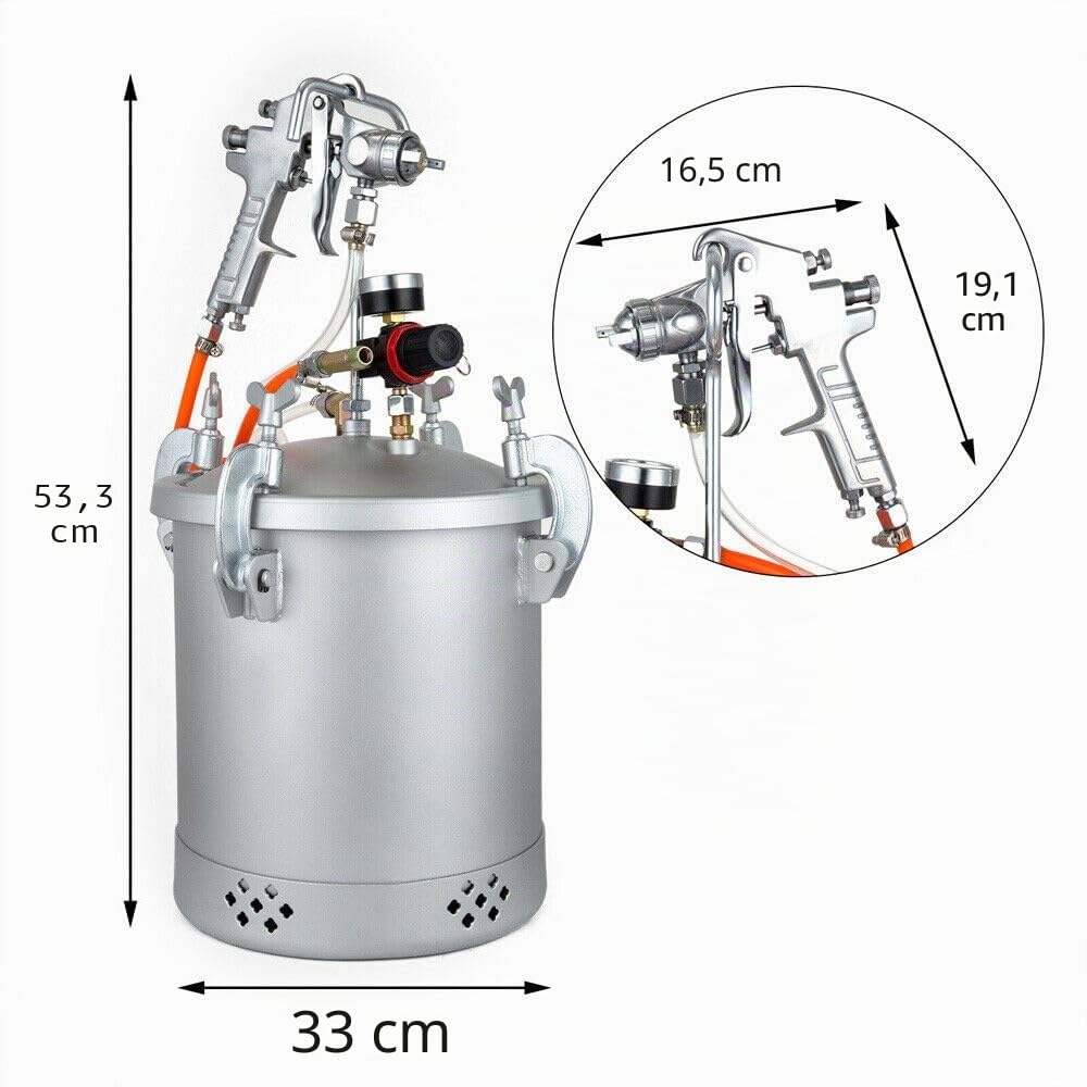 Sistema de pulverización de pintura, depósito de presión de 10 l, pistola de aire comprimido con boquilla de 3 mm, con regulador de aire y válvula de seguridad (plata)