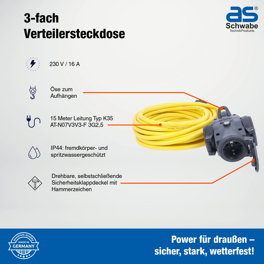 as - Schwabe K35 AT-N07V3V3-F 3G2,5 Répartiteur 3 prises en caoutchouc plein 15 m avec 3 prises de contact de protection et couvercle de sécurité IP44 pour l'extérieur 60343