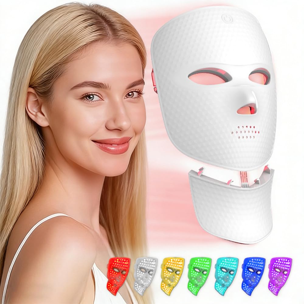 Rotlichttherapie für Gesicht und Hals, LED-Gesichtsmaske, Lichttherapie, 7 Farben, Lichtmaske, kabellos und wiederaufladbar, für Zuhause und auf Reisen