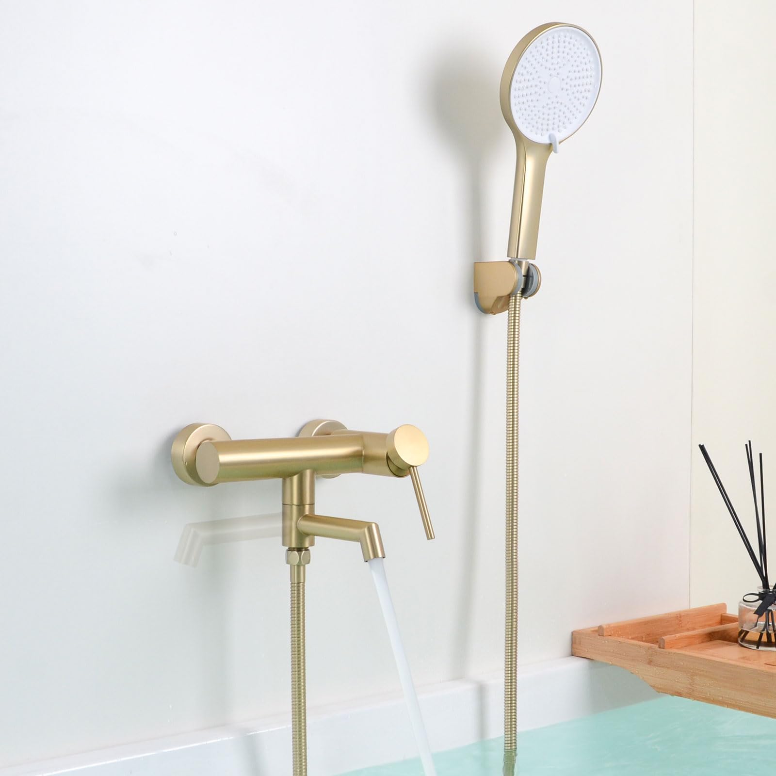 Rubinetto per Vasca, Miscelatore Vasca da Bagno con Doccetta, Regolabile Supporto e Tubo Doccia 150cm, Oro Spazzolato, 15Y4OK