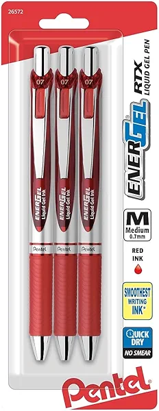 Pentel EnerGel RTX Retractable Gel Pen, Medium Point, 0.7mm, Red Ink, 3/Pack (BL77BP3B)