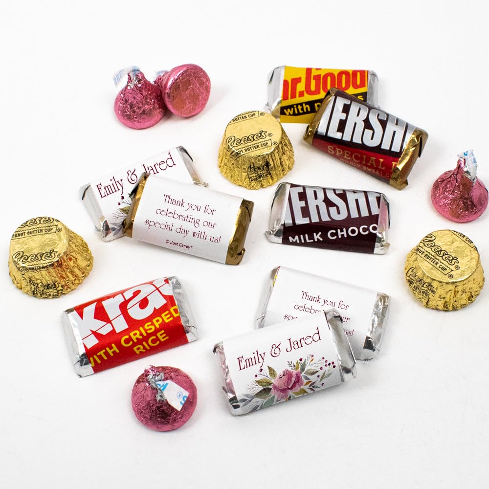 200pcs Personalized Wedding Candy Kit, Chocolate Party Favors for Guests, Candy Table Supplies (Custom Wrapped Miniatures, Kisses, Peanut Butter Cups) - Pink Floral