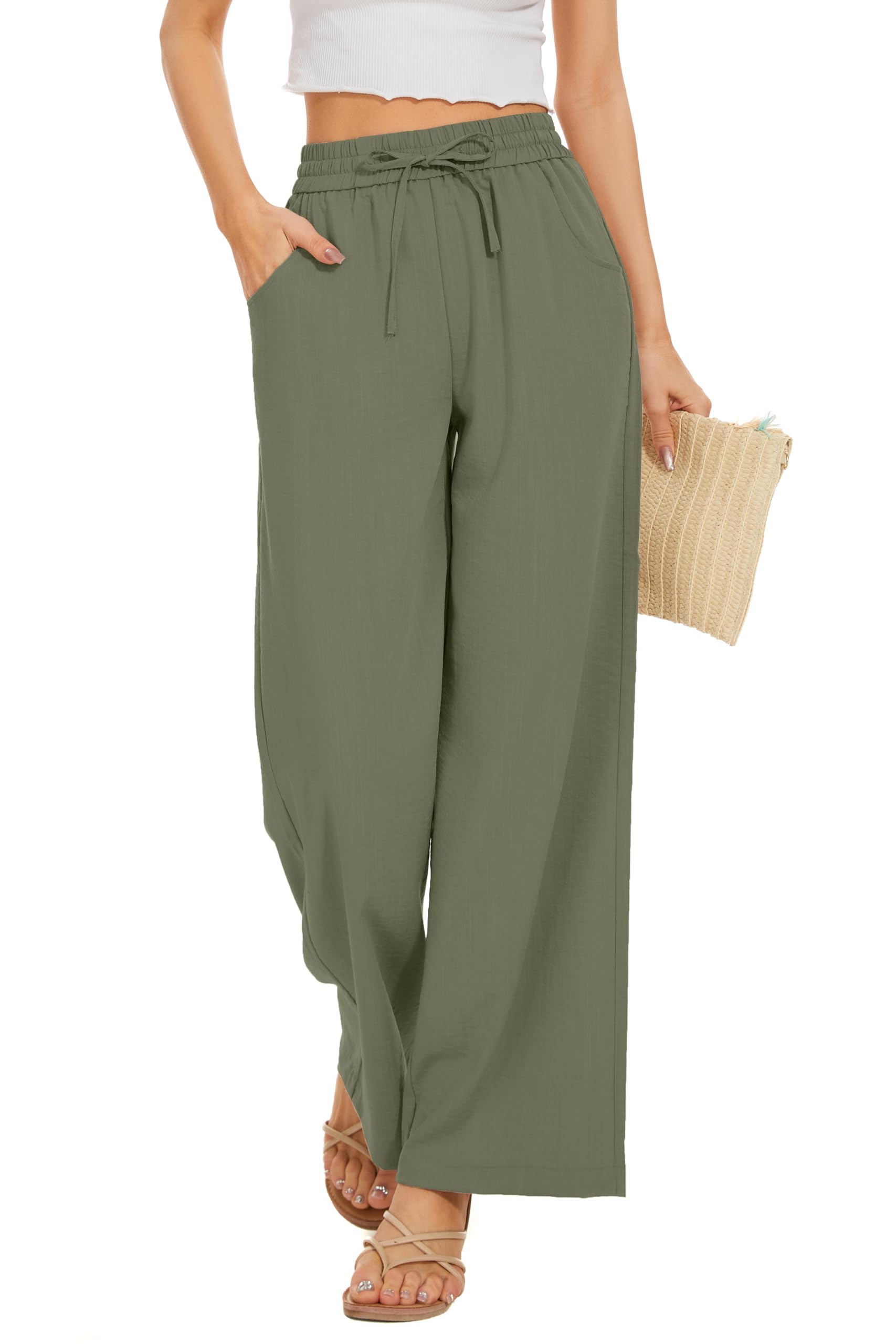 Women Pants Flowy Pants Drawstring Waist Wide Leg Palazzo Beach Pants Loose Fit with Pockets