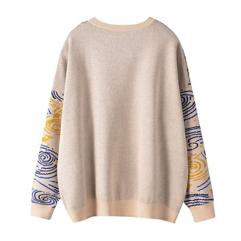 Women's Long Sleeve Crew Neck Sweatshirt Knit Pullover Casual Van Gogh Cartoon Sweater2