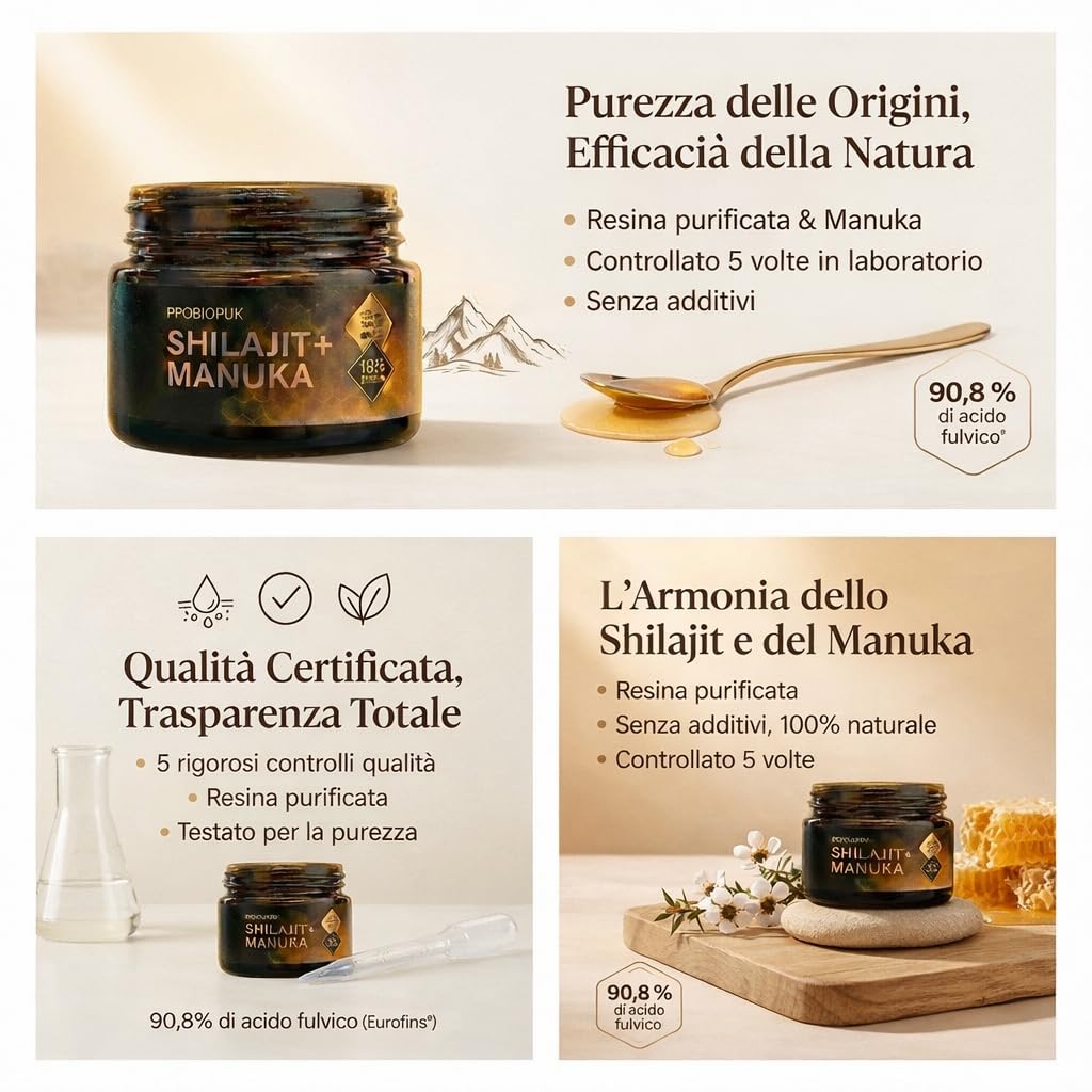 PROBIOPUR – Shilajit + Miele di Manuka (50 g) – Formula esclusiva 2 in 1 – Resina 100% pura dell’Himalaya + Manuka MGO 200+ – 90% acido fulvico – 100% naturale