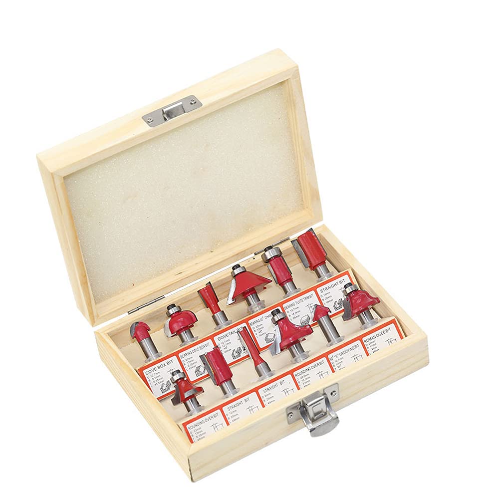 Juego de brocas de fresado de carburo de tungsteno de vástago de 1/2 pulgadas, kit de herramientas de carpintería para fresado de madera con estuche de madera para el hogar y bricolaje (rojo)