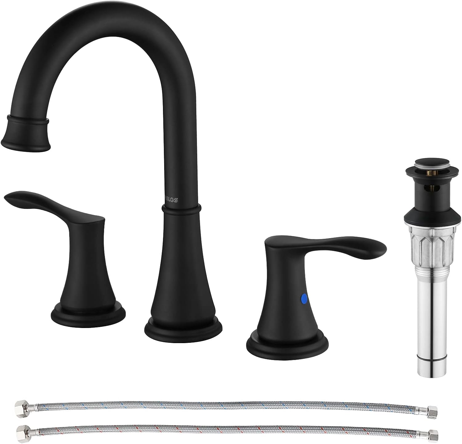 Black Widespread Bathroom Faucet with Metal Pop Up Drain & Faucet Supply Hoses by PARLOS