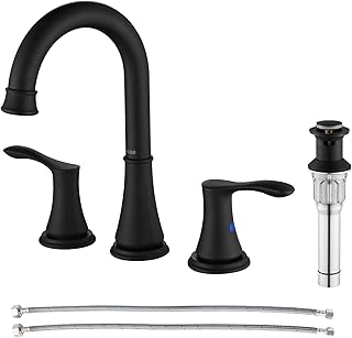 Black Widespread Bathroom Faucet with Metal Pop Up Drain & Faucet Supply Hoses by PARLOS
