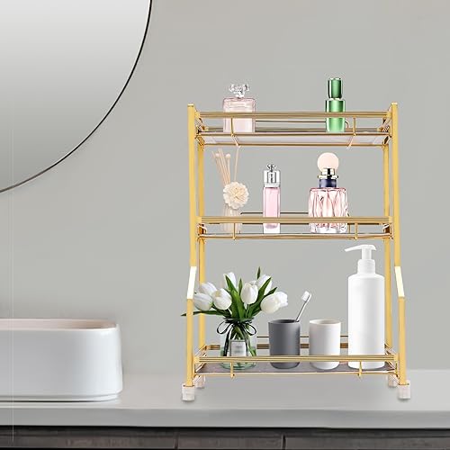 Miniatura 2 de LOHISHILO Organizador de encimera de baño de 3 niveles, organizador de almacenamiento con ruedas, organizador de mostrador de tocador con pequeña