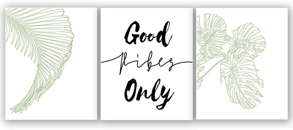 Green Leaves Art Print,Good Vibes Only Quote Art Picture Set of 3(8”X10” Canvas Botanical Painting，Motivational Words Wall Art Poster for Office or Yoga Room Home Decor，No Frame