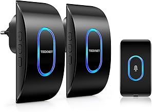 TECKNET Wireless Doorbell, Range 400 m 60 Melodies and 5 Volume Levels LED Indicators Outdoor IP65 Waterproof Wireless Doorbells (Black, 1 Transmitter + 2 Receivers)